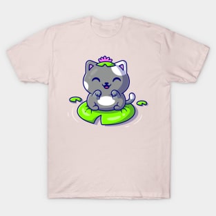 Cute Cat Sitting On Leaf Cartoon Vector Icon Illustration T-Shirt